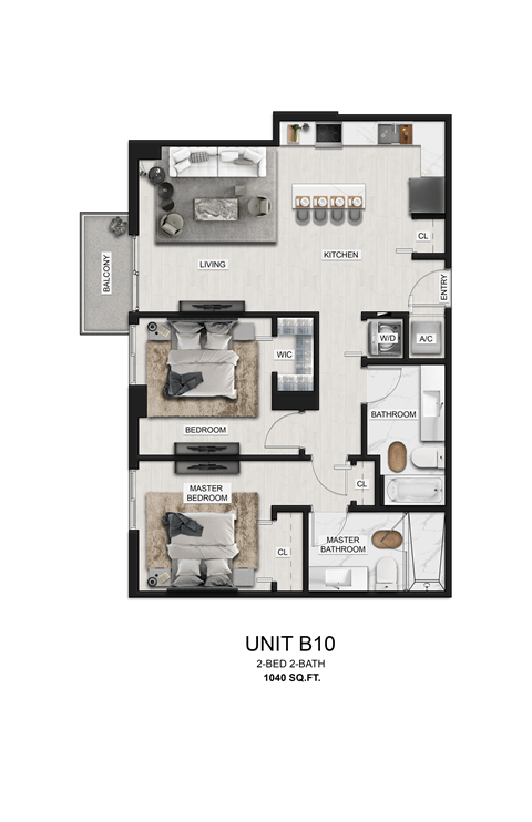 Floor plan for 2 beds, 2 baths, 1040 sqft
